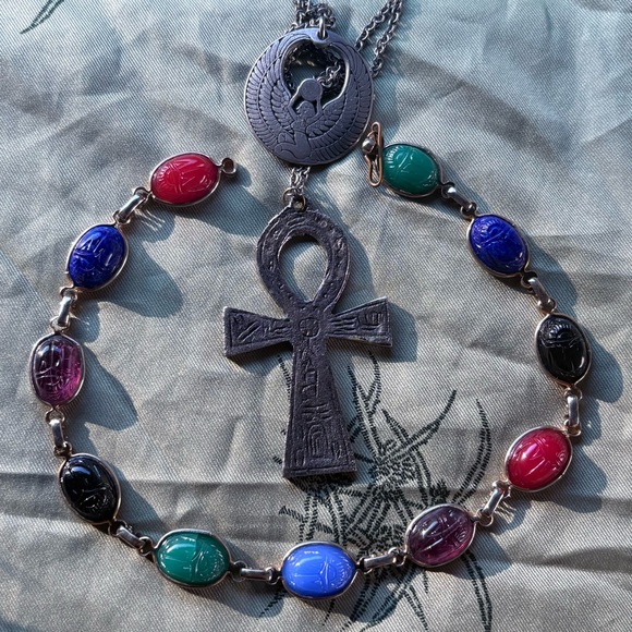 Vintage Egyptian revival jewelry lot colorful scarab ankh isis pewter necklace